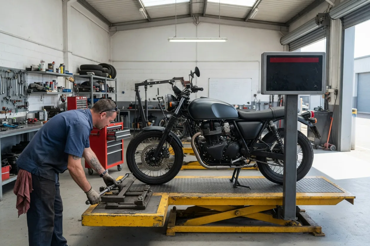 Mechanik váží motorku na plošinové váze v dílně