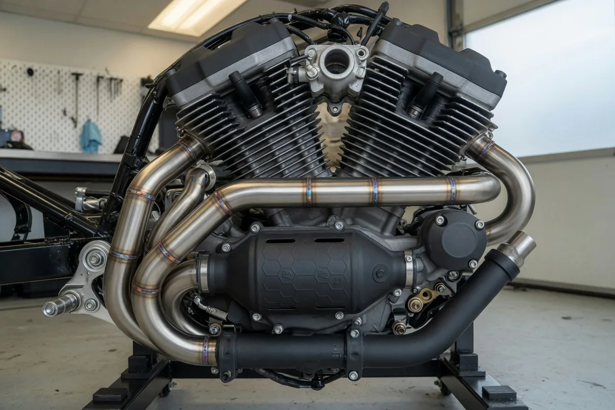 Detail motoru a svodů výfuku s katalyzátorem