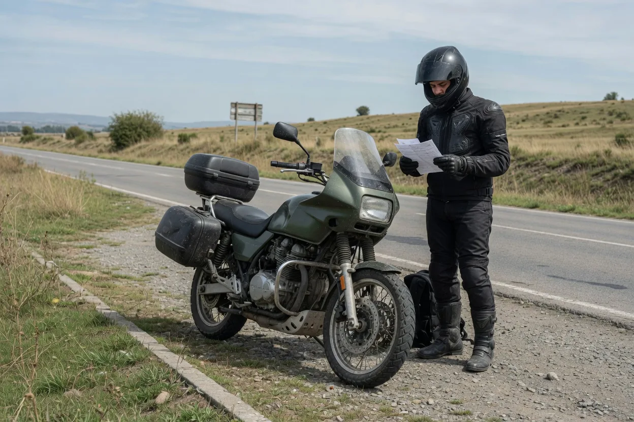 Motorkář v helmě a výstroji stojí s doklady u zaparkované cestovní motorky na odpočívadle