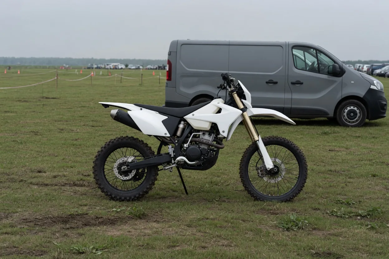 Ilustrační čtyřtaktní enduro motocykl v depu enduro závodu