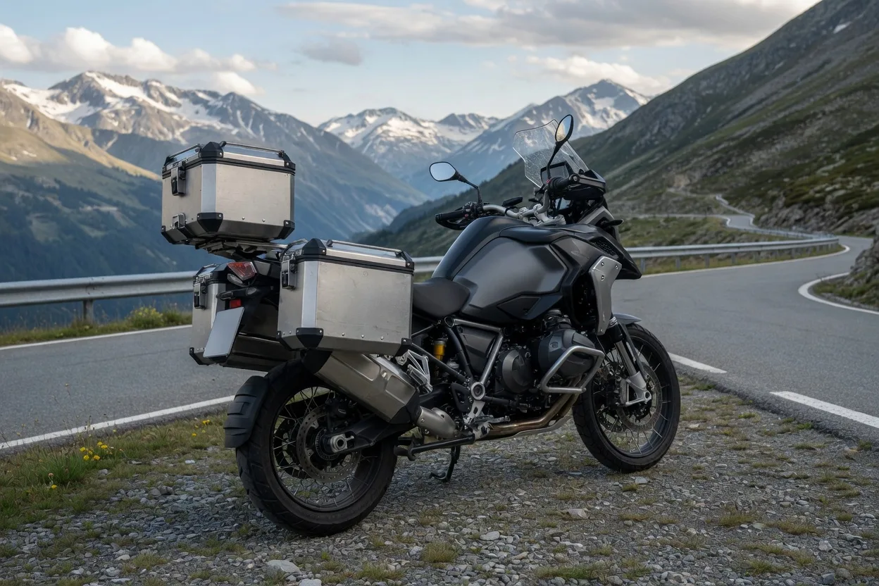 Ilustrační velký cestovní adventure motocykl s kufry na alpské silnici
