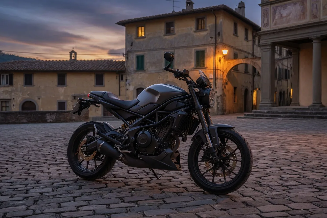 Ilustrační sportovní naked motocykl na dlažbě italského náměstí