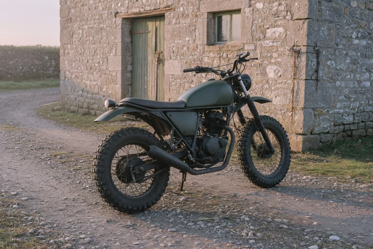 Ilustrační scrambler s vysokým předním blatníkem u kamenné stodoly