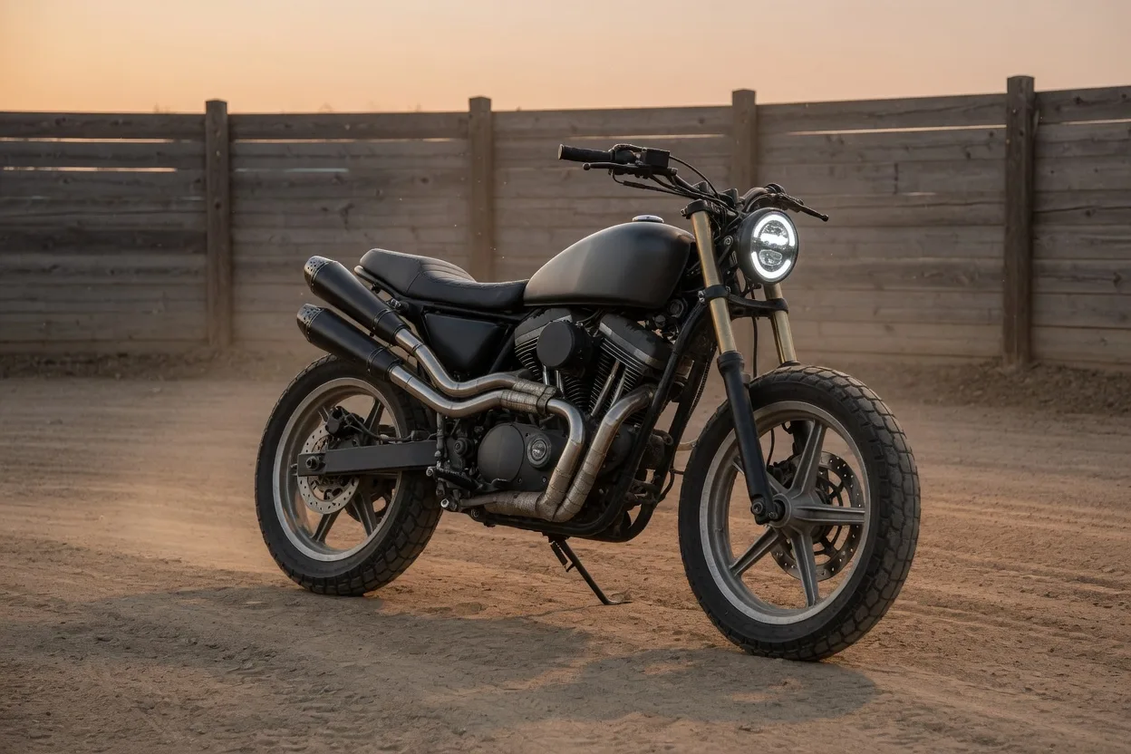 Ilustrační motocykl ve stylu flat-track s dvouválcem do V na plochém oválu