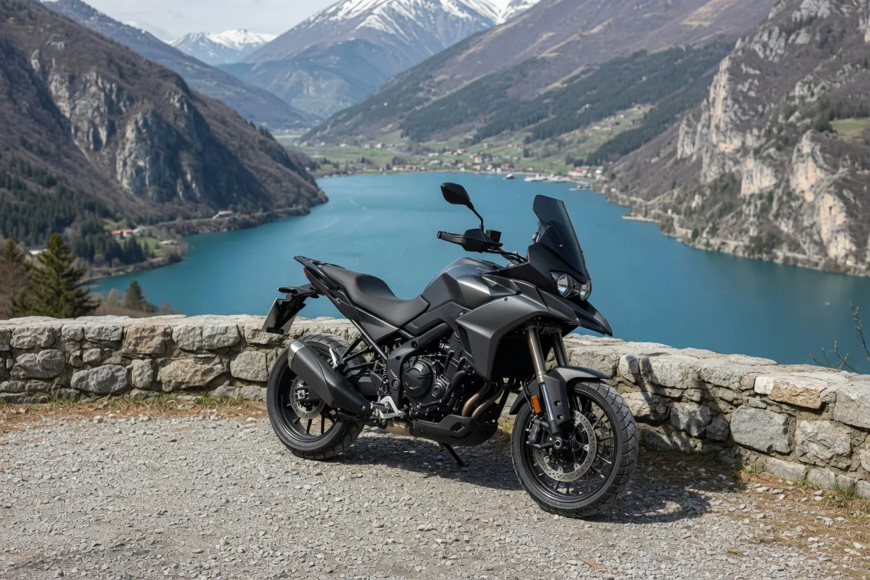 Ilustrační adventure motocykl střední třídy na vyhlídce nad alpským jezerem