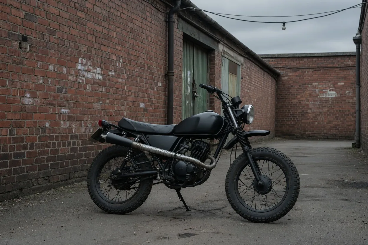 Ilustrační retro scrambler v matné černé v průmyslové uličce