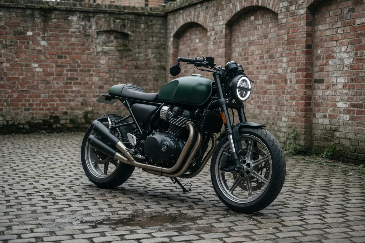 Ilustrační moderní britský roadster s kulatým světlometem na dlážděném dvoře