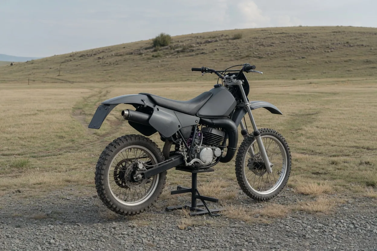 Ilustrační dvoutaktní enduro motocykl na stojánku ve štěrkovém depu