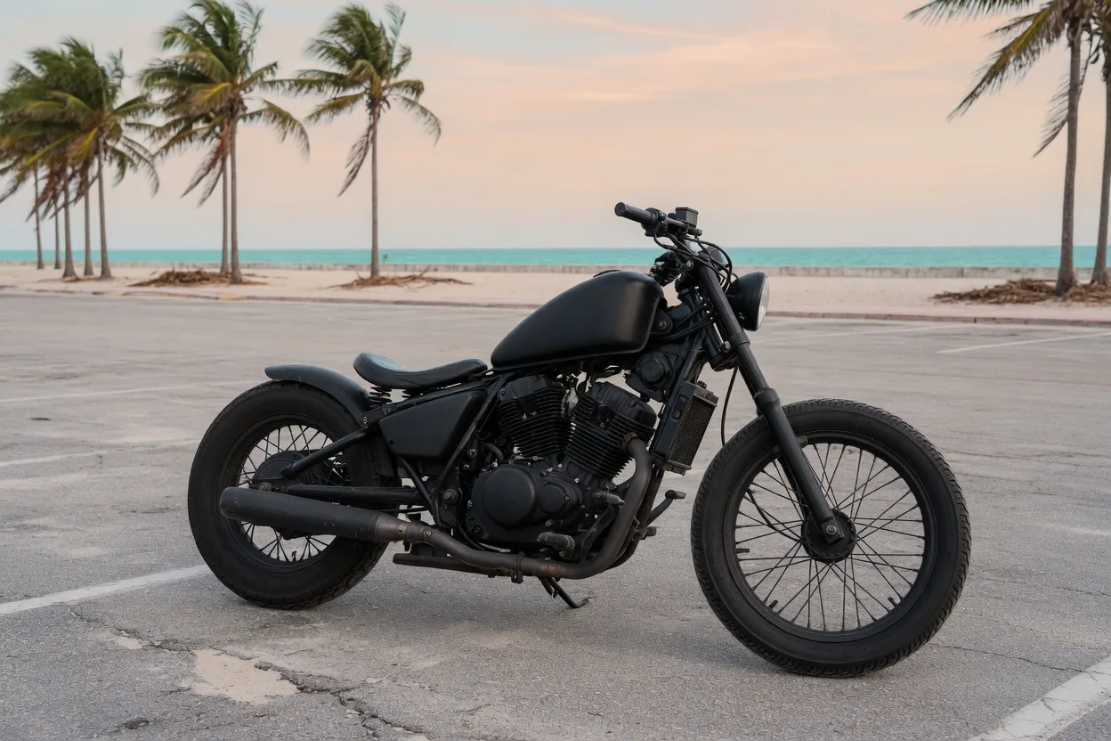 Ilustrační malý bobber s řadovým dvouválcem na přímořském parkovišti s palmami